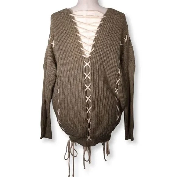 IJOAH Slouchy Knit Sweater Open Back Criss-Cross Lacing Mohair Blend SZ Large - Picture 3 of 13